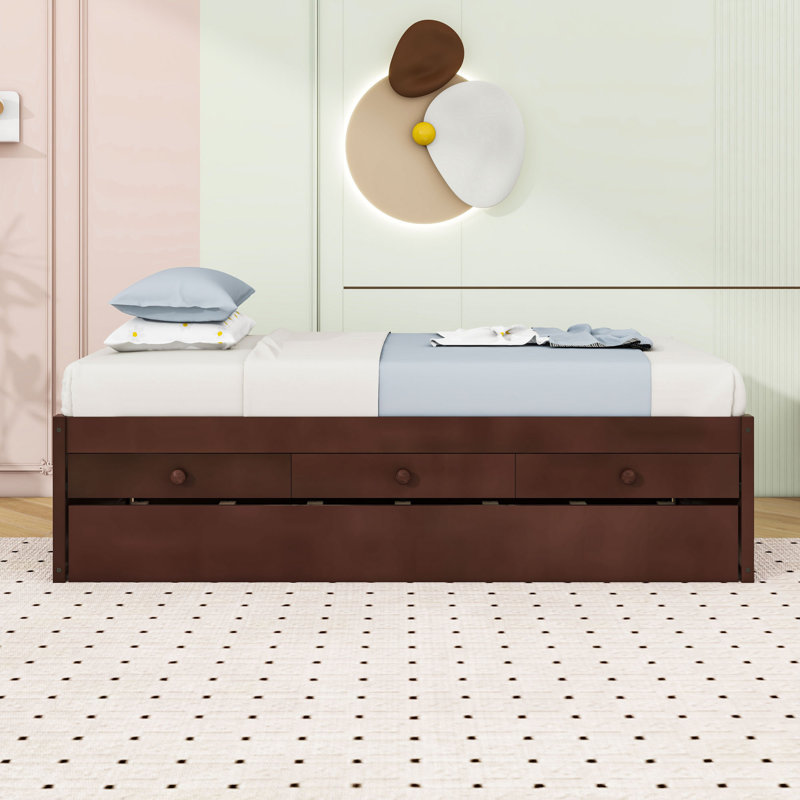 Wood Platform Bed with Pull-Out Trundle and Storage Drawers, Twin, Espresso