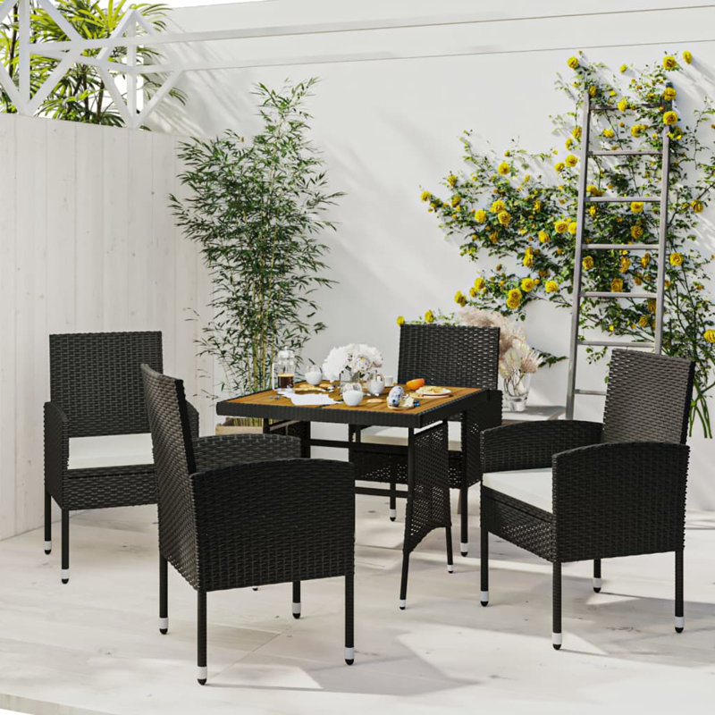 Naquin 4 - Person Acacia Patio Dining Set with Rectangular Table , Cushions Included, Black, Ivory