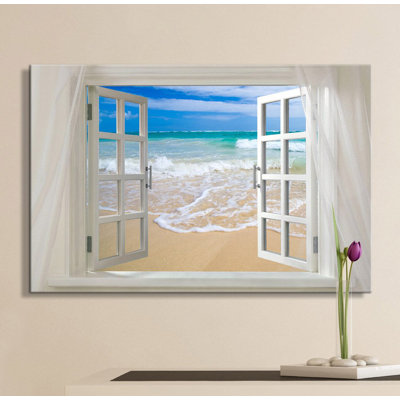 «Coastal Clear Sea And White Beach Waves Open Window Modern Wall Decor Home Decor» sur toile