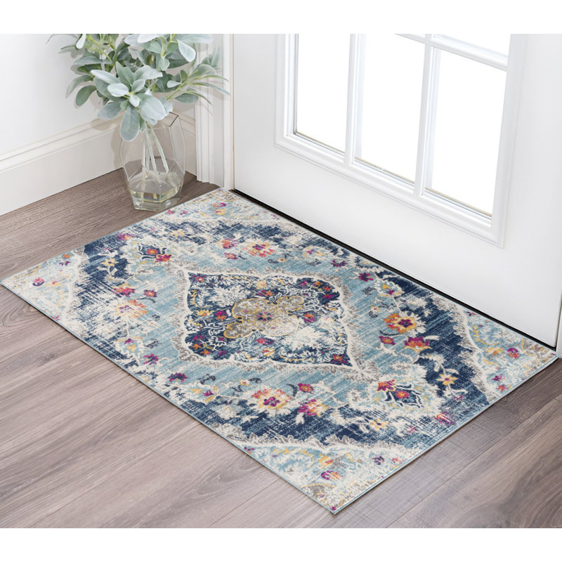 Tapis oriental bleu Dhurrie 2 pi x 4 pi