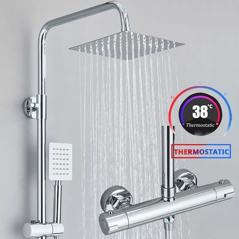Thermostatic Exposed Shower Mixer Bathroom Twin Head Largr Bar Hand Set Chrome