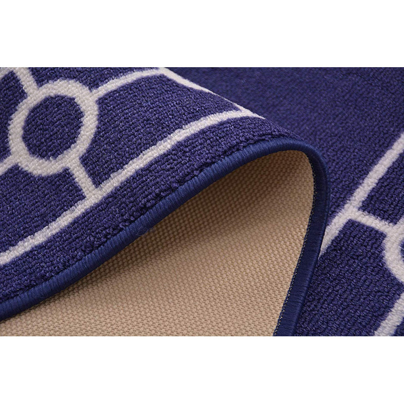 Custom Size Runner Rug Chain Bordered Navy Blue Low Pile Slip Resistant Runner Rugs by Feet, Rectangle 2'8" x 4'