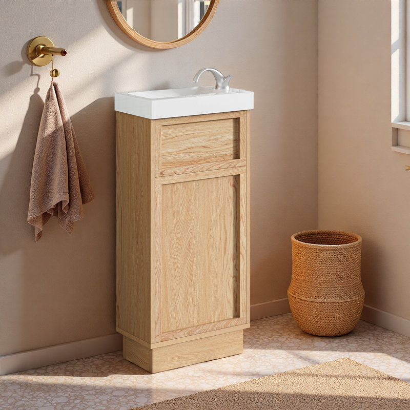 Meuble-lavabo de salle de bain avec lavabo réversible en résine, armoire en panneau de fibres à densité moyenne avec tablette réglable et porte à pousser, finition en mélamine grain de bois, porte réversible, style rustique pour petits espaces