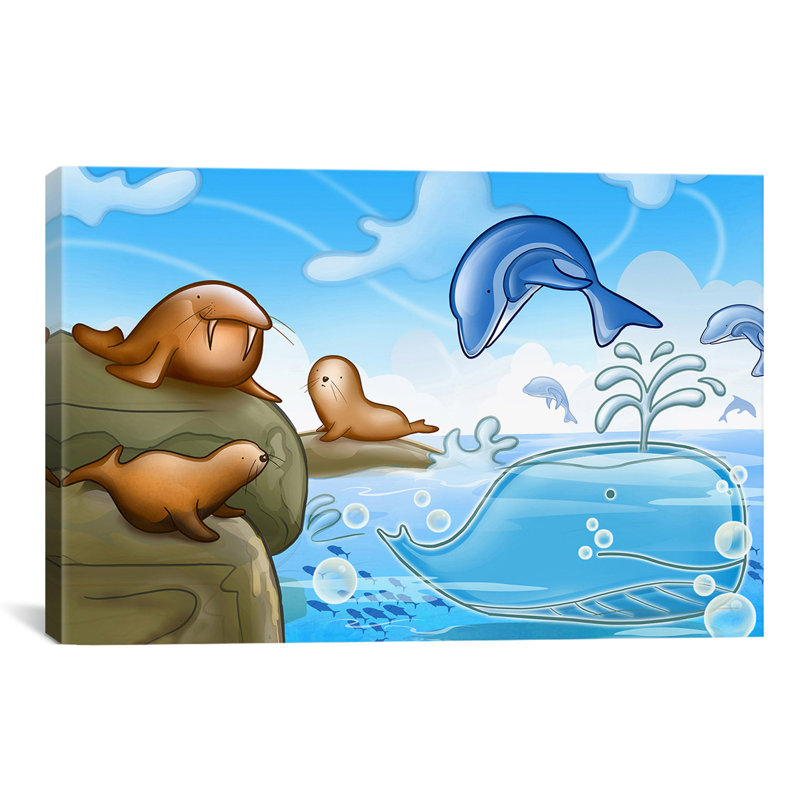 Leonia «Dolphins and Whale», impression sur toile non encadrée, H 26 po x l 40 po x P 1,5 po, Toile tendue, Pas de tapis