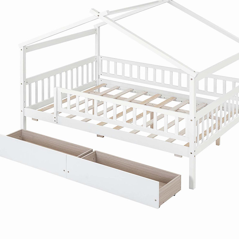 Full Size Wooden House Bed with Two Drawers, White, White