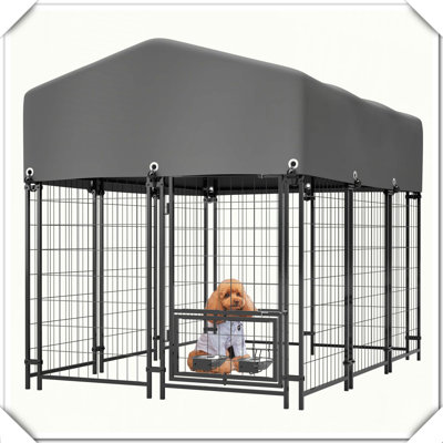 Outdoor Dog Kennel with Roof Welded Wire Enclosure Waterproof Cover Double Lock