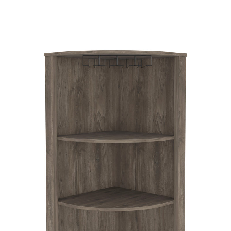 Armoire de coin Essential, trois tablettes, huit porte-bouteilles encastrés, deux tablettes latérales brun foncé