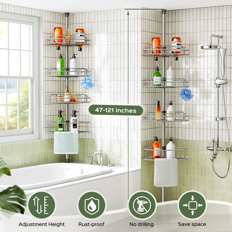Poteau de tension de coin pour chariot de douche: tablettes de rangement de salle de bain réglables résistantes à la rouille à 4 niveaux - Installation rapide sans perceuse de 47 à 121 pouces - Rangement peu encombrant pour la famille des locataires - Gris argenté