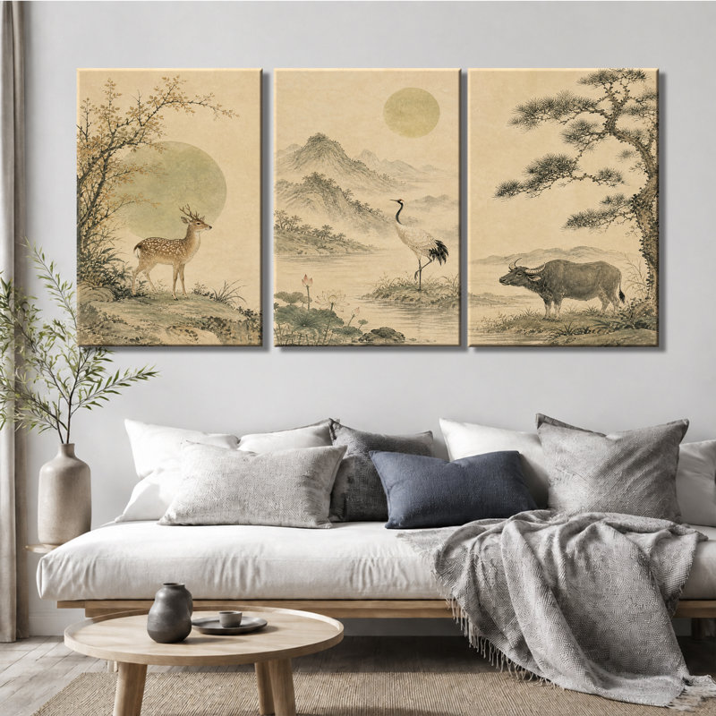 3 panneaux d'art mural sur toile, encre de Chine traditionnelle, paysage, 16 * 24 pouces * 3