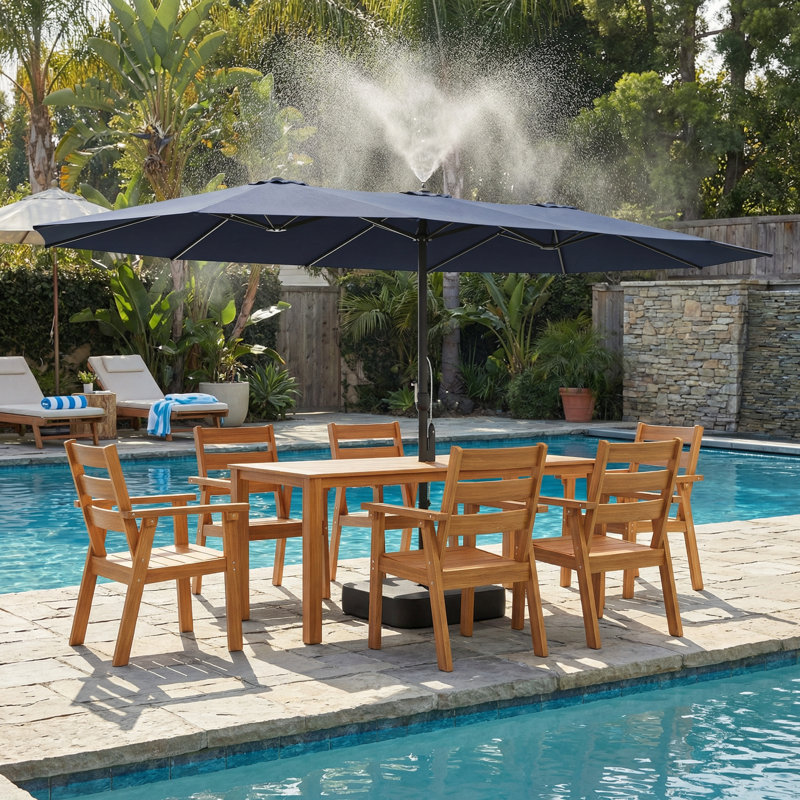 7-Piece HDPE Outdoor Dining Set With 15FT Misting Umbrella | Beat The Heat In Cool Comfort, Navy, 6