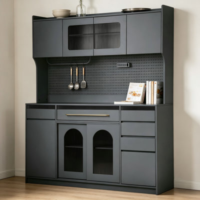 Freestanding Sideboard With Six Drawers And Five Cabinets On Top, Including A Hanging Towel Rack And Power Outlet.