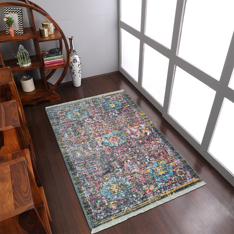 Area Rugs Washable Non-Slip, Vintage Carpet for Living Room Bedroom Dining Room, MACHINE MADE POLYESTER AREA RUGS  - Black/Pink/Blue Color, Plain Solid Design