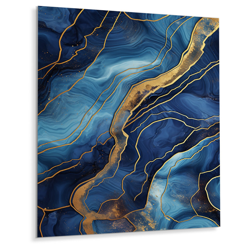 Décoration murale en marbre bleu et doré abstrait V - marbre, H 20 po x l 12 po x P 1 po