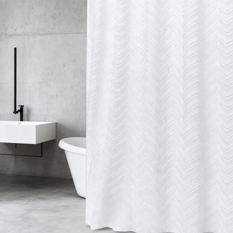 Soft Fabric Tufted Chevron Shower Curtain With Grommets, Modern Farmhouse Bathroom Decor, Machine Washable Polyester, White