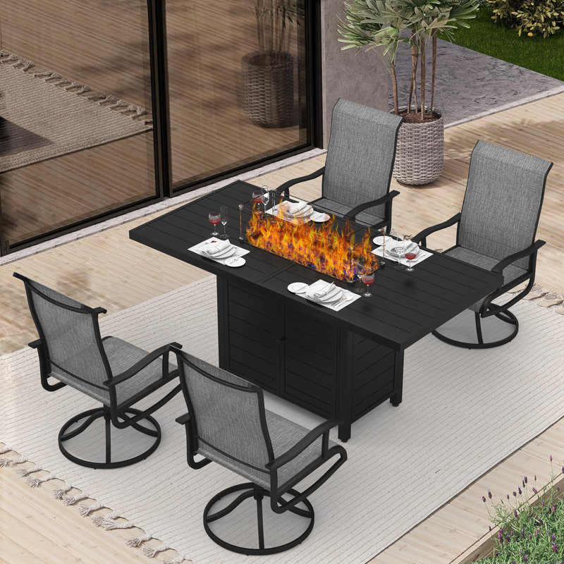 5-Piece Outdoor Patio Dining Set, 2-In-1 Fire Pit Dining Table & 360° Swivel Rocking Chair Set