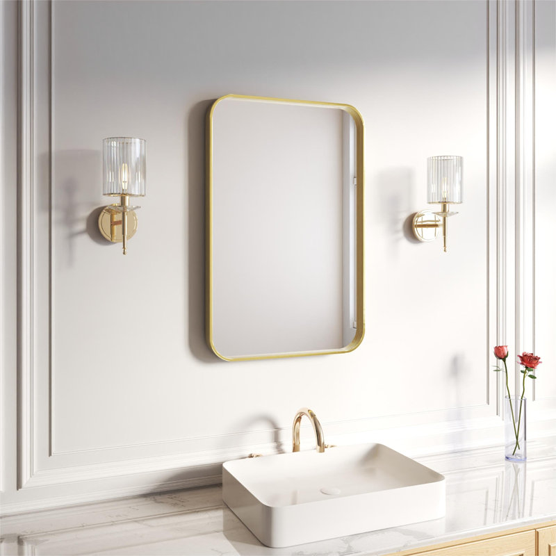 Élégant miroir encadré en aluminium avec coin arrondi pour une décoration intérieure élégante, Or brossé, 24 po x 36 po
