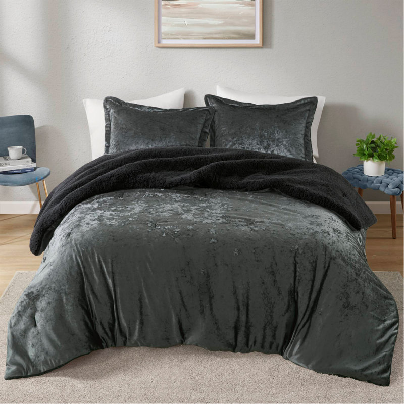 Ensemble d'édredon réversible en sherpa 3 pièces, Gris anthracite, Édredon double / grand et 2 taies décoratives