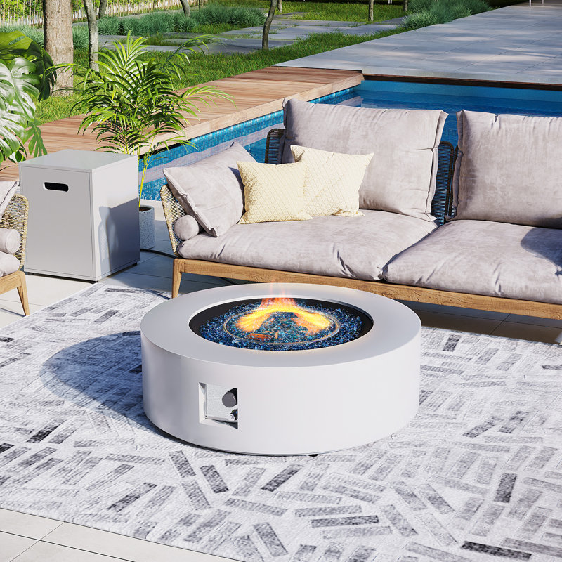 Massapequa 40.5-Inch Round Iron Propane Outdoor Fire Pit Table with Tank Cover, Lid and Rain Cover, White