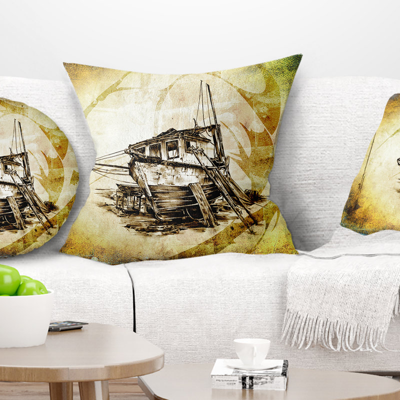 Drawing of Large Ancient Boat - Sea & Shore Printed Pillow, 18" x 18", Throw Pillow