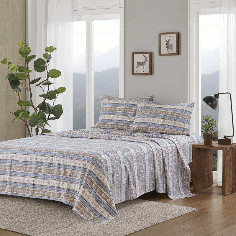 Ensemble de draps en flanelle 100% coton Woolrich, Ensemble de draps pour lit simple avec 1 taie d'or, Flocon de neige bleu