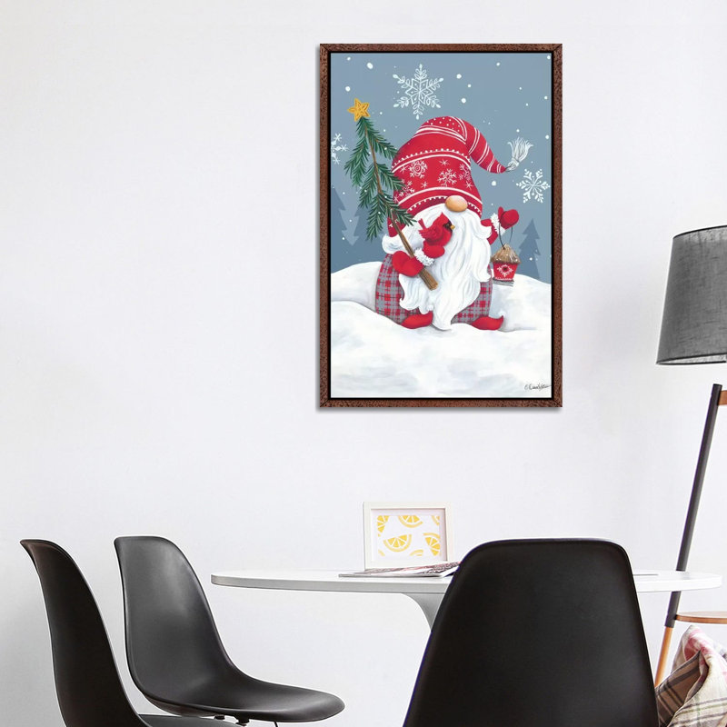 Snowy Gnome With Cardinal by Diane Kater - Print on Canvas, Classic Brown Wood Framed, 101.6 cm H x 66.04 cm W