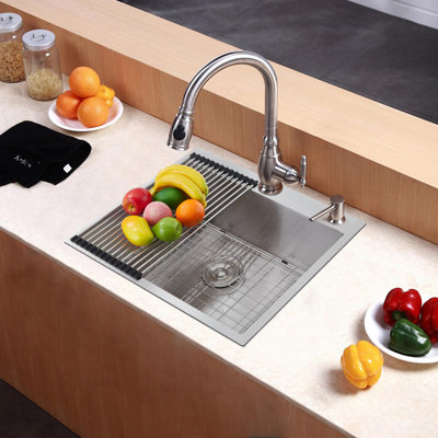 Drop In Kitchen Sink 33x22 Inch Workstation Single Bowl 16 Gauge T304 Stainless Steel Topmount Sink with Thickened Plate Round Corners Accessories