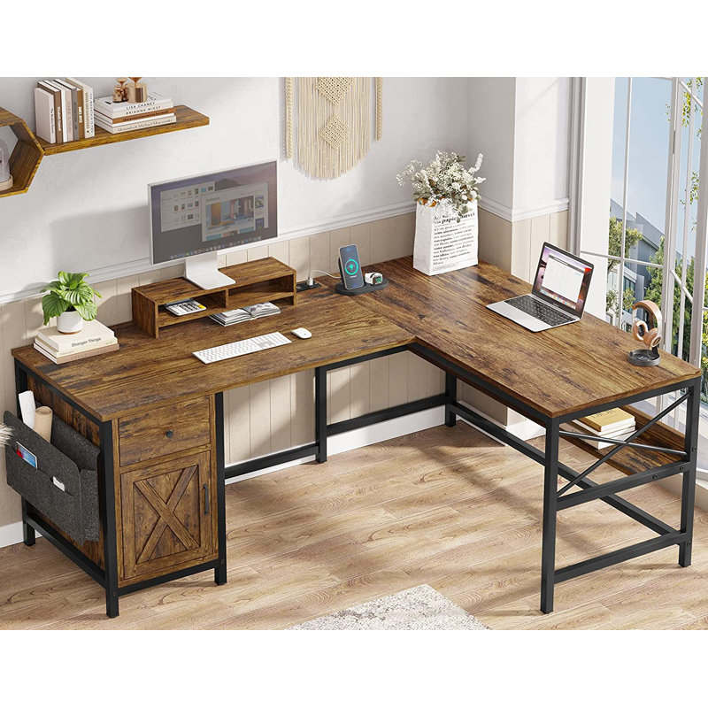Josphua L-Shaped Computer Desk with Power Outlet, Brown/Black