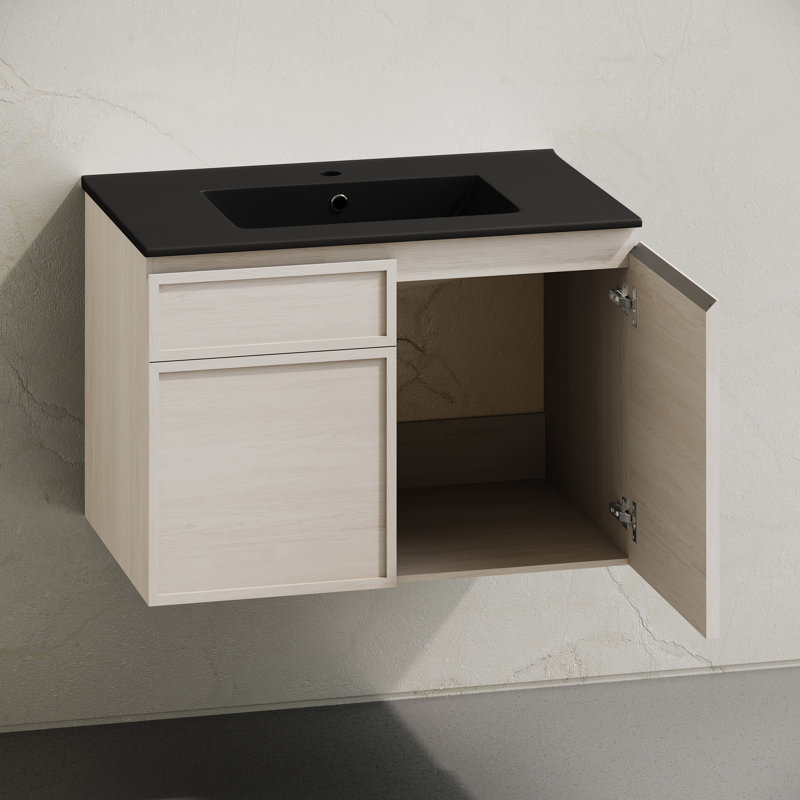 St. Tropez 30" Wall-Mounted Bathroom Vanity In Brown Oak With Black 3-Hole Widespread Sink Top, Brown, Black, 8" Widespread