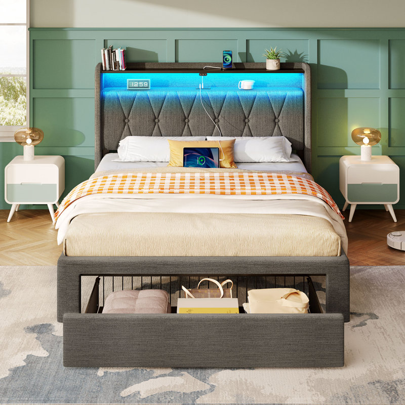 Bed Frame with RGB LED Lights, Upholstered Bed with Drawers and Charging Station, Gray, Twin/Single