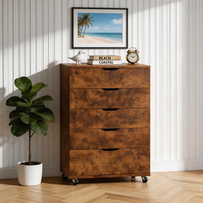 5 Drawer Rustic Brown Wood Rolling Dresser with Wheels, Mobile Storage Chest Organizer for Bedroom Closet