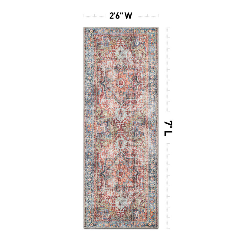Alice Machine Washable Oriental Flatweave Performance Red/Blue/Ivory Multi Area Rug, Runner 2'6" x 7'