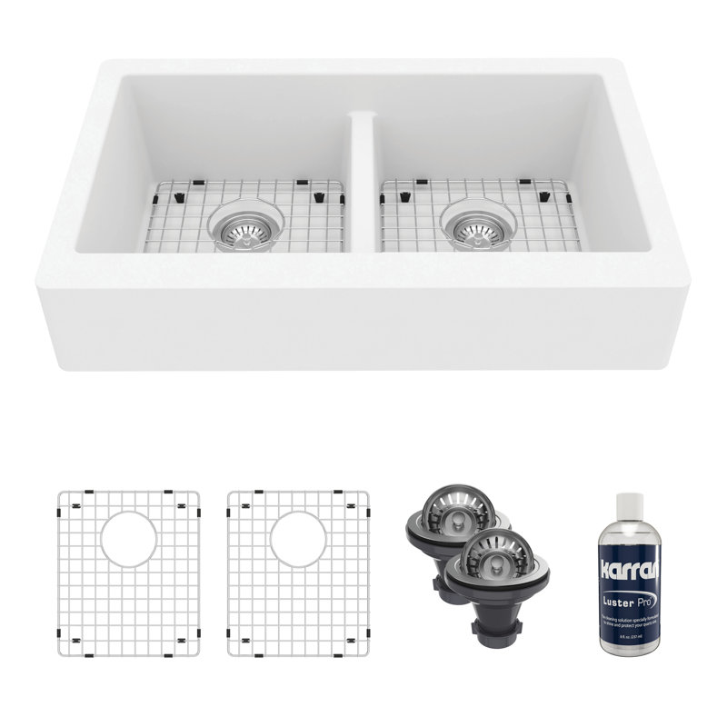 Karran Quartz 34'' X 21-1/4'' Double Bowl 50/50 Retrofit Farmhouse/Apron Front Kitchen Sink Kit, White