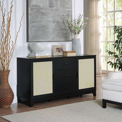 Buffet Sheridan de 59 po de style Mid-Century avec 4 tablettes réglables et 3 tiroirs noirs