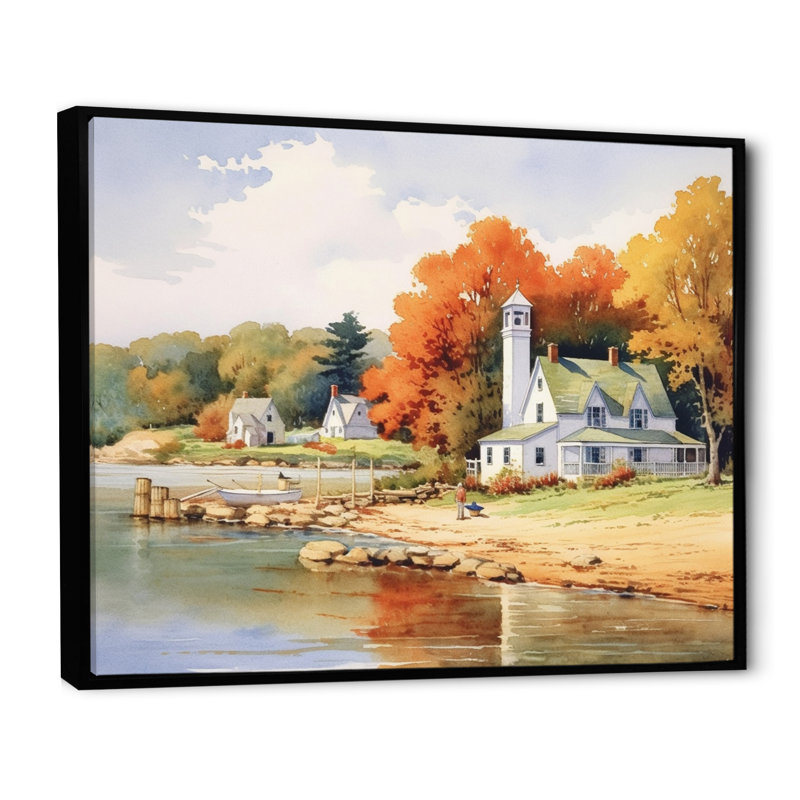 Connecticut's Lake Village Charm II - reproduction sur toile, H 24 po x l 32 po x P 1 po, Cadre flottant noir