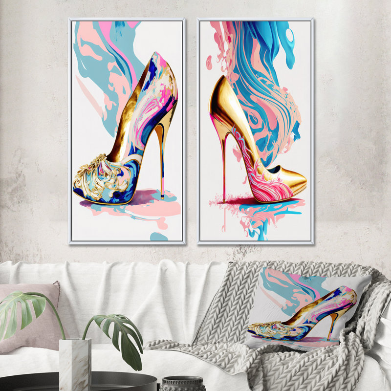 Ensemble de 2 chaussures à talons hauts roses et bleues Art Déco III, Cadre blanc, H 20 po x l 24 po
