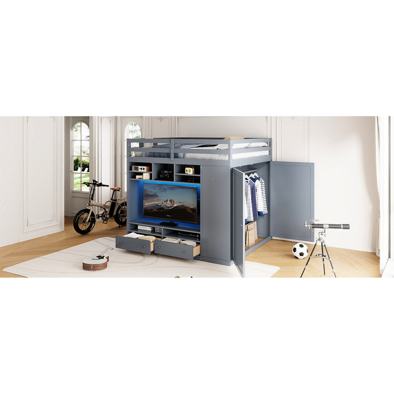 Lit mezzanine double gris avec tiroirs de rangement intelligents, tablettes, garde-robe encastrée et lumières DEL réglables pour le rangement des adultes, fonctionnalité de chambre à coucher personnalisable