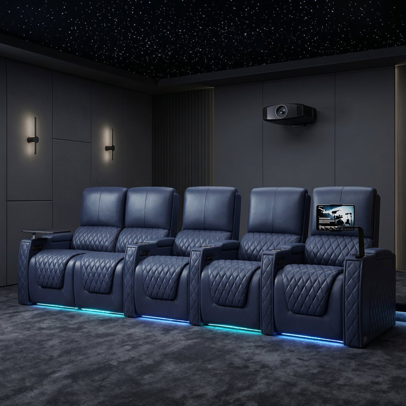 Fauteuil de cinéma maison inclinable électrique en cuir fleur de qualité supérieure avec éclairage ambiant à DEL 7 couleurs, appui-tête réglable, charge USB et porte-gobelets
