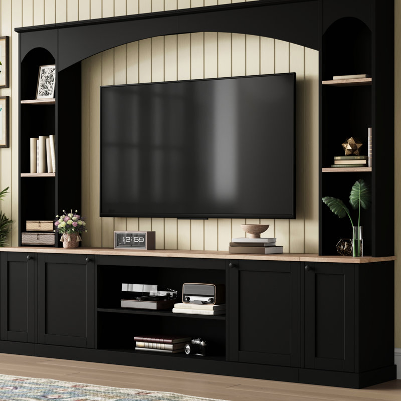 Meuble télé 91 po et bibliothèque arquée noire, centre de divertissement multifonctionnel pour téléviseurs de 70 po, console multimédia compatible avec la gestion des câbles, conception avec armoires de rangement à finition grain de bois