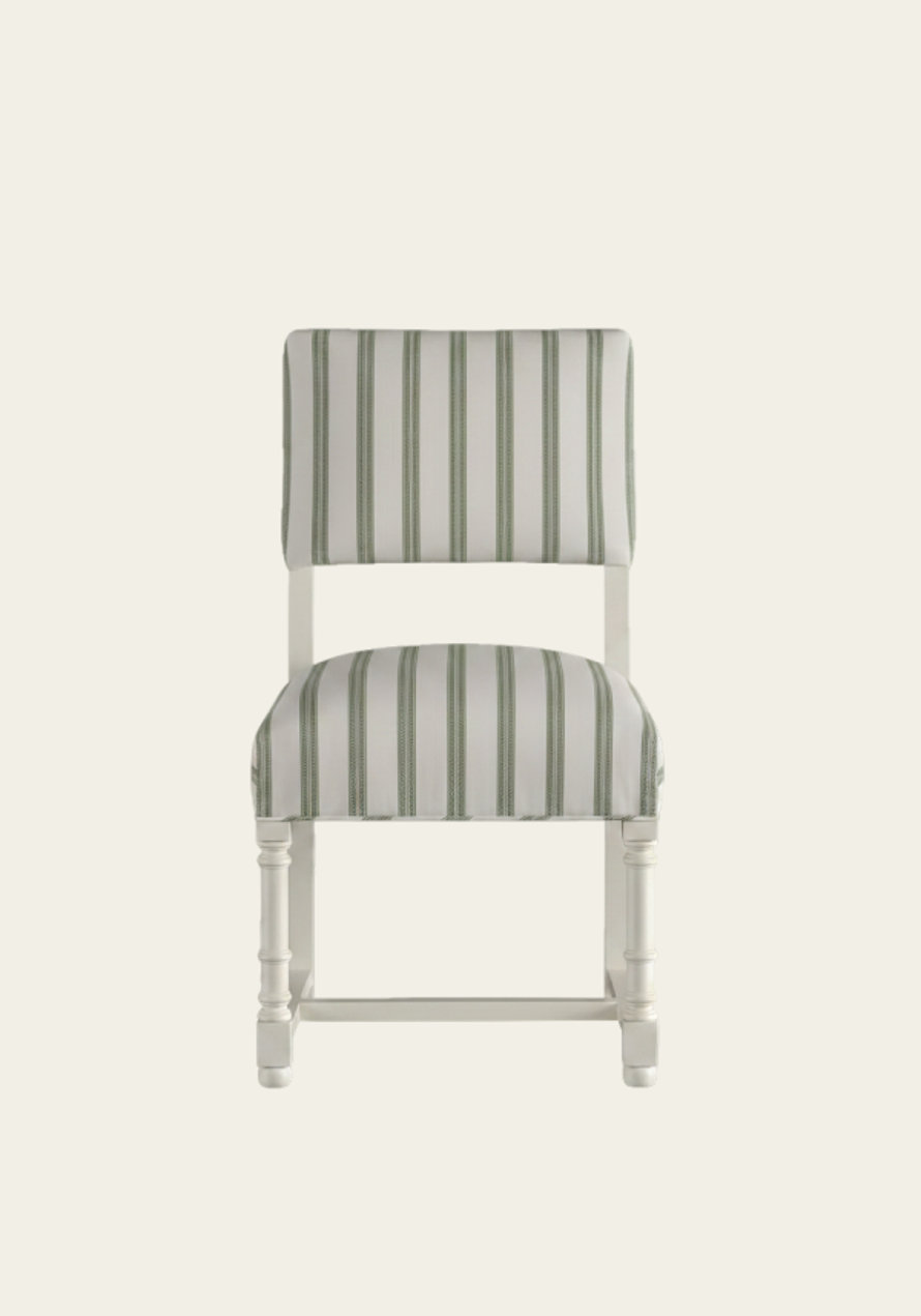 Upholstered parsons chair with green ticking stripe upholstery