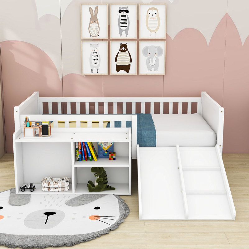 Twin Wood Low Loft Bed with Slide and Storage Shelves, White