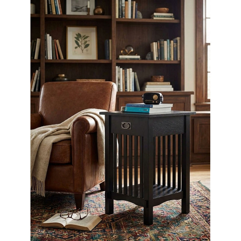 Solid Wood End Table with Storage, Black