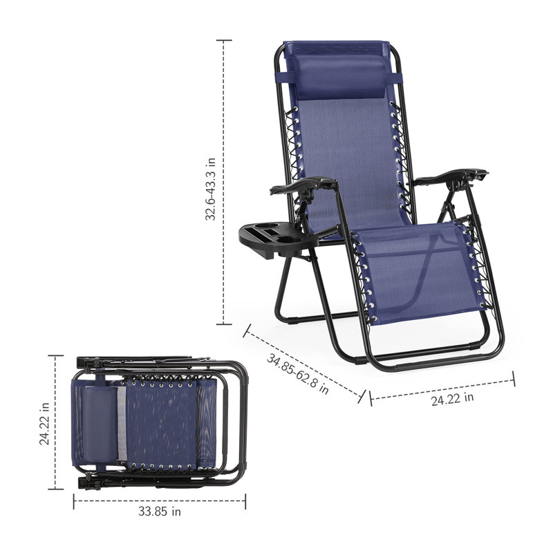 Ensemble de 2 chaises longues Zero Cravity, inclinables de patio pliant pour la plage de la piscine avec coussin et porte-gobelet, bleu