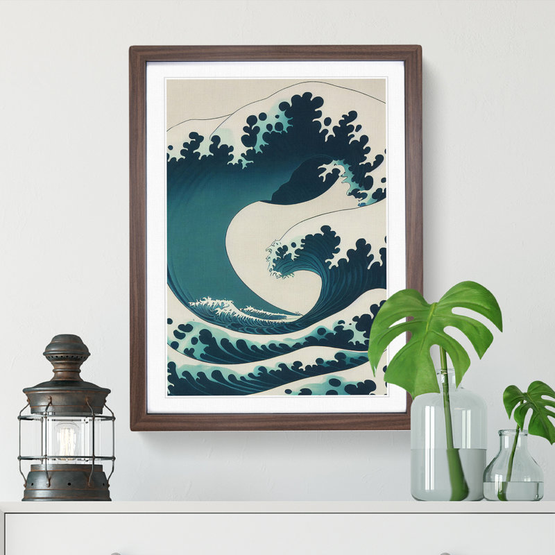 Traditional Japanese Wave No.3 - Wall Art, 66cm H x 48cm W, Walnut Framed, White