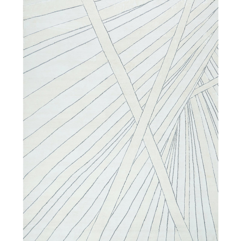 Tapis rectangulaire blanc / argent en laine / viscose noué à la main, Rectangle 8 pi x 10 pi