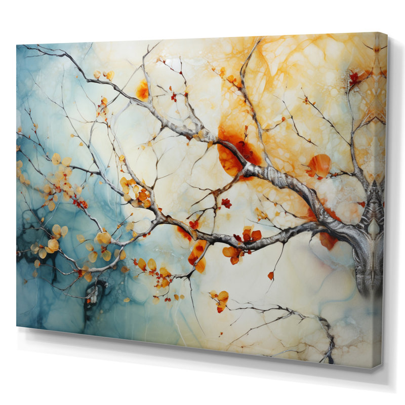 Orange, bleu sarcelle, érable brillant, agate I - arbre érable, art mural, Toile tendue, H 12 po x l 20 po x P 1 po