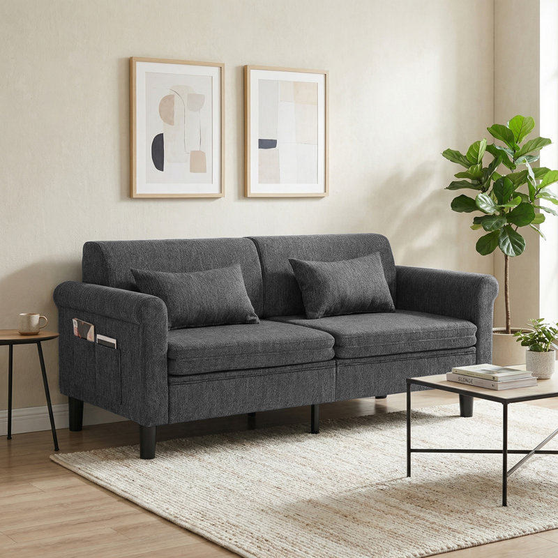 74" Modern Convertible Sleeper Sofa with Storage Pockets, Dark Gray, Dark Gray