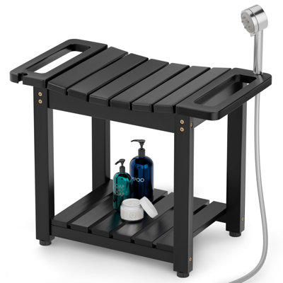 Shower Bench, Natural Wood Stool With Storage Shelf, Built-In Handle And Shower Head Holder(Black)