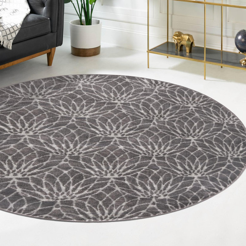 Tapis à motif géométrique gris / ivoire Glitzy, Rond 3 pi 1 po