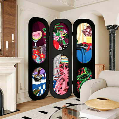 Solid Wood Foldable Movable Room Divider Screen with Abstract Oil Painting Print