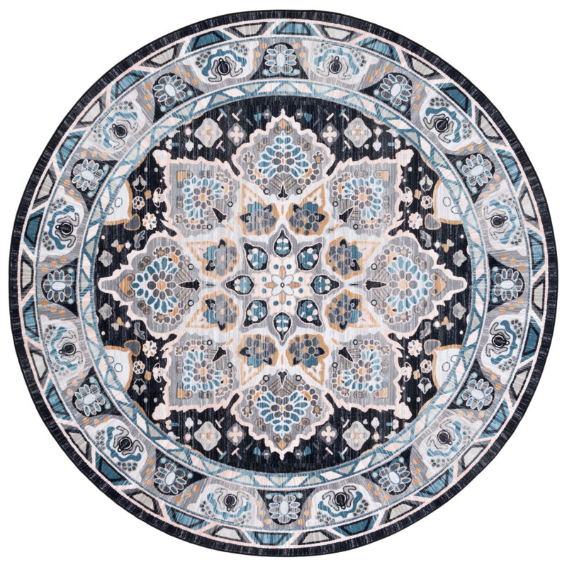 Manado Oriental Gray/Light Blue Area Rug, Round 6'7"